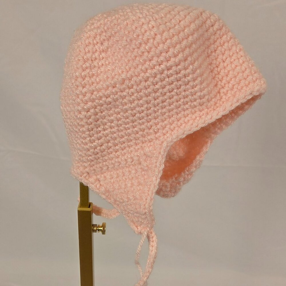 Vintage Handmade Crochet Baby Hat – Light Pink Earflap Beanie with Ties